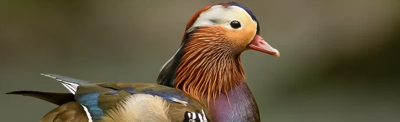 Mandarinand. Ekstremt fargerik fugl med brune, blå, grønne, lilla, rødlige og hvite detaljer.